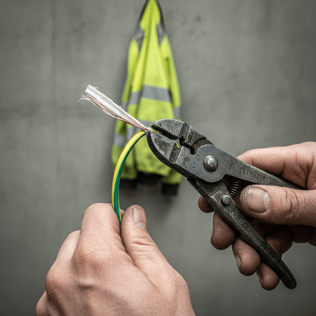 Hände eines Handwerkers bei der präzisen Arbeit an Kabeln